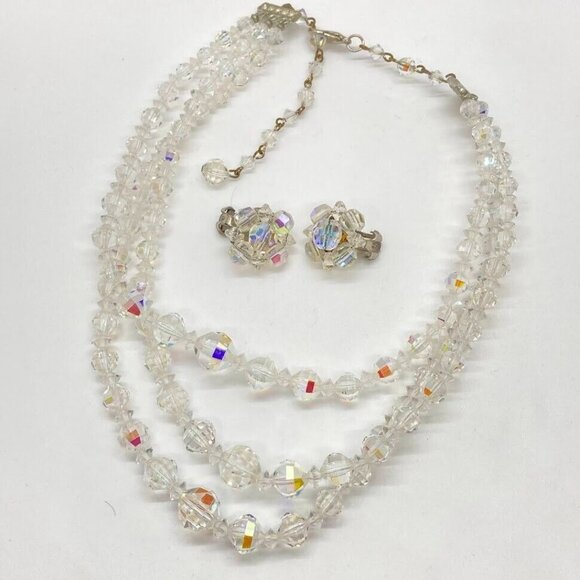 Vintage Aurora Borealis Set Graduated Bead 25" Necklace Clip On Earrings - Picture 11 of 16